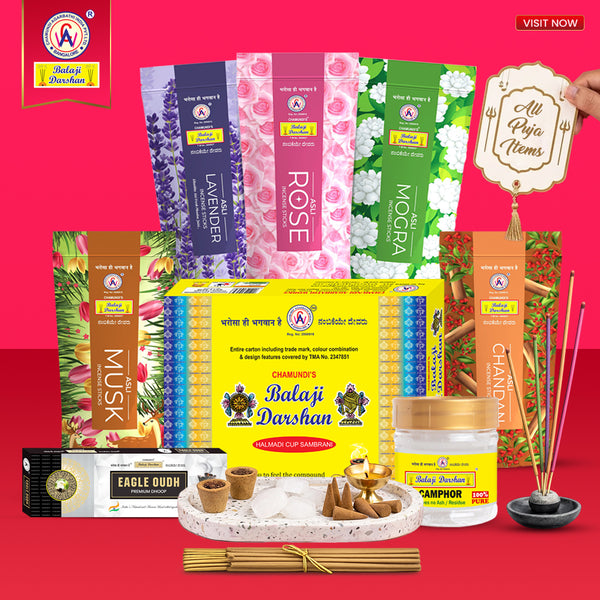 All Puja Items Combo of 8 Items Rose, Lavender, Chandan, Musk, Mogra, Eagle Oudh Dhoop, Balaji Ji Darshan Camphor, 12 Cup Sambrani