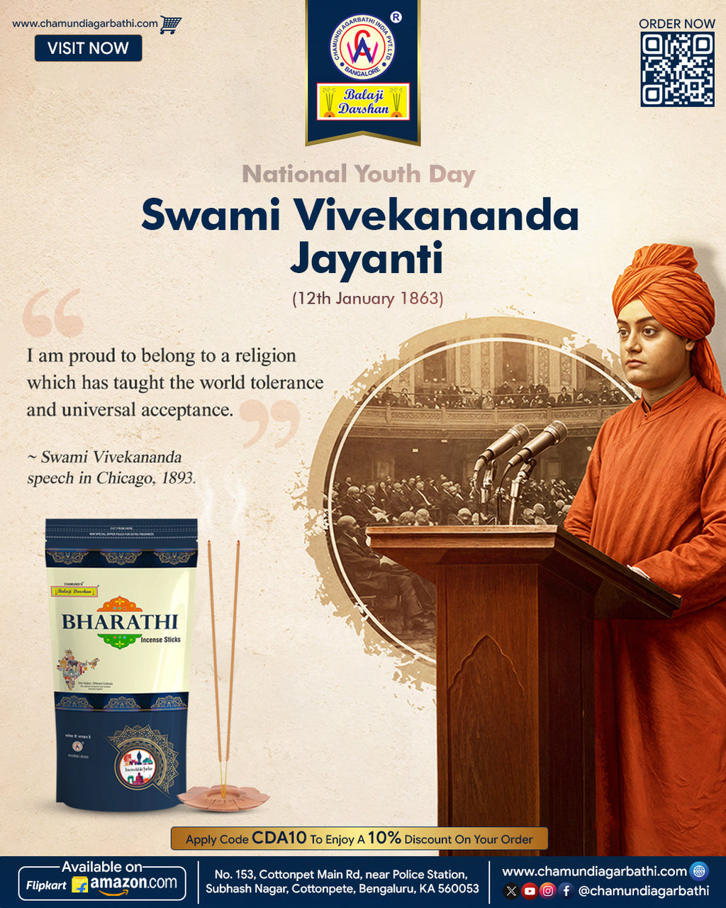 Swami Vivekananda Jayanti – National Youth Day | Chamundi Agarbathi Swami Vivekananda Jayanti & National Youth Day: Inspiring Youth with Values, Purity, and Spiritual Strength