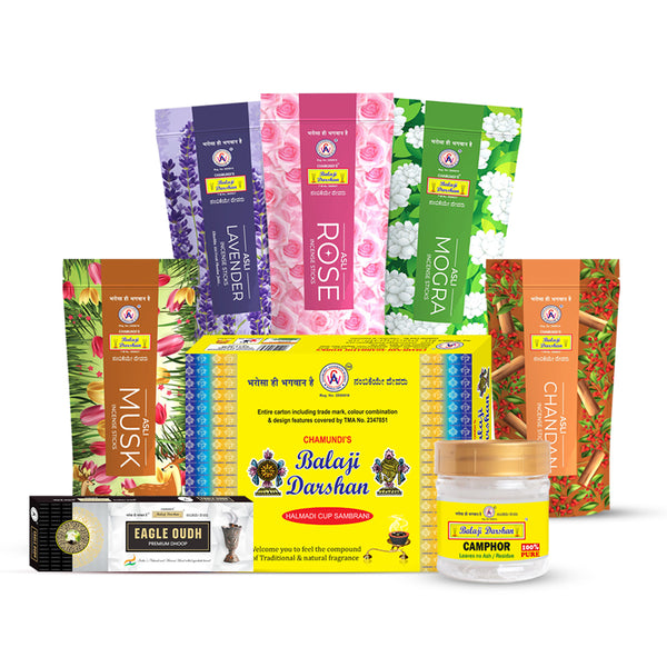 All Puja Items Combo of 8 Items Rose, Lavender, Chandan, Musk, Mogra, Eagle Oudh Dhoop, Balaji Ji Darshan Camphor, 12 Cup Sambrani